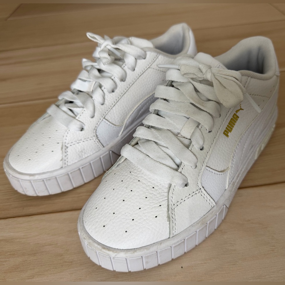 Puma White Leather Low-Top Sneakers with Gold Accent